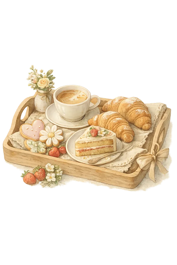 Bandeja de desayuno artesanal con café, croissant y fresas