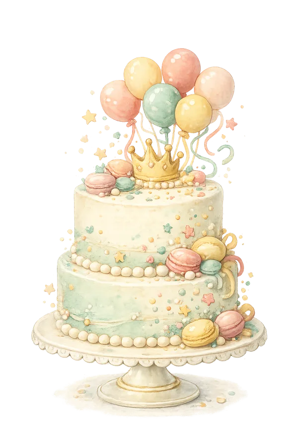 Tarta de cumpleaños personalizada con globos y macarons